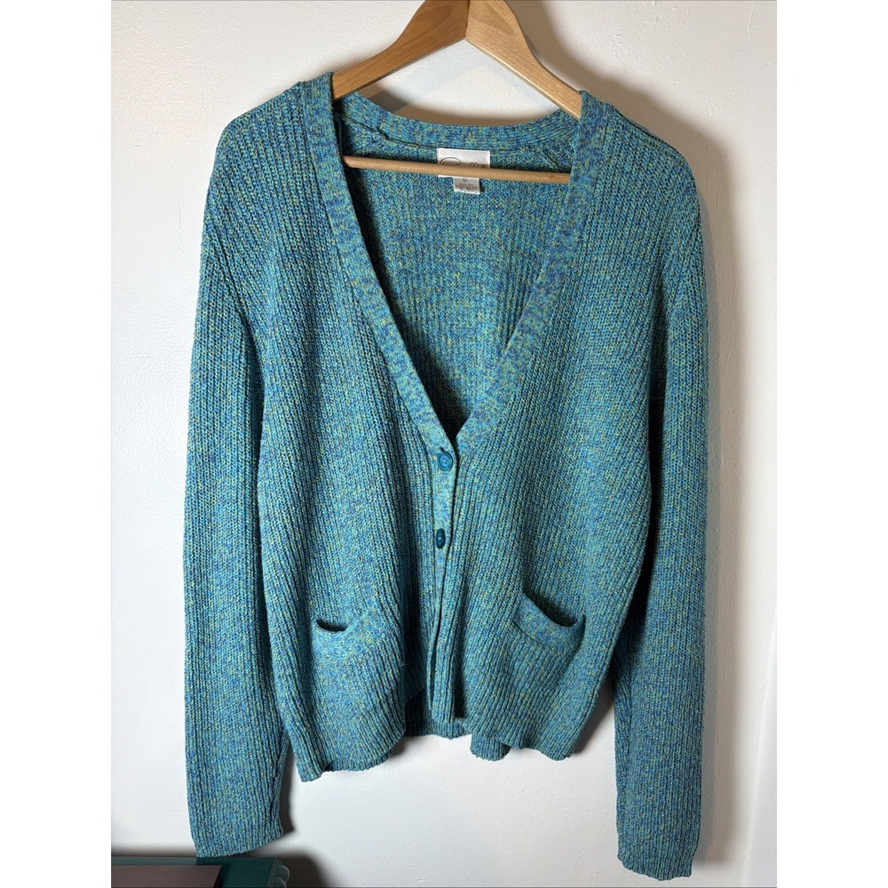 Vintage 90s Pappagallo 100% Silk Blue & Green Button Up Cardigan w/ Pockets Sz L